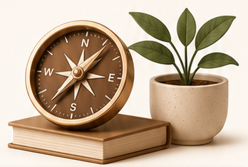 Compass, book and plant